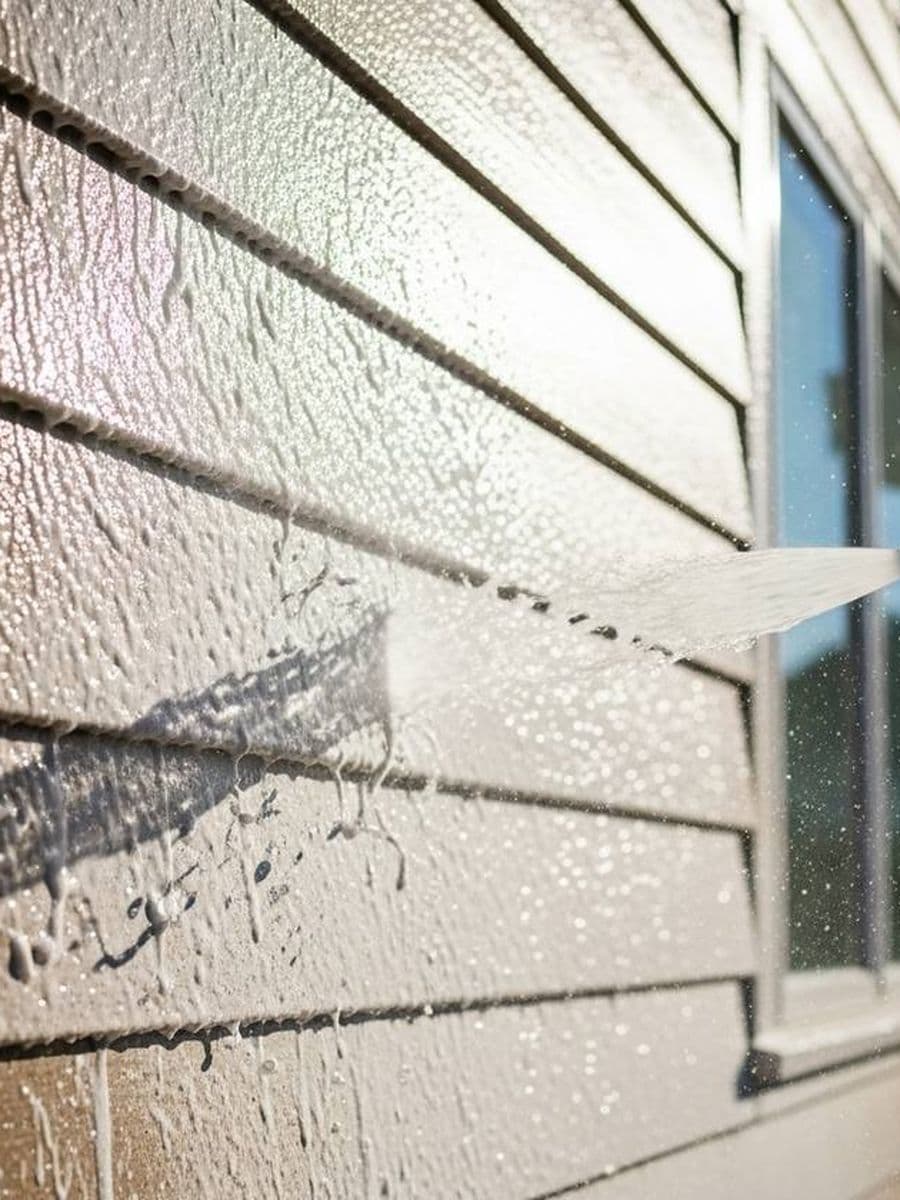 Soft wash spray being applied to a home exterior