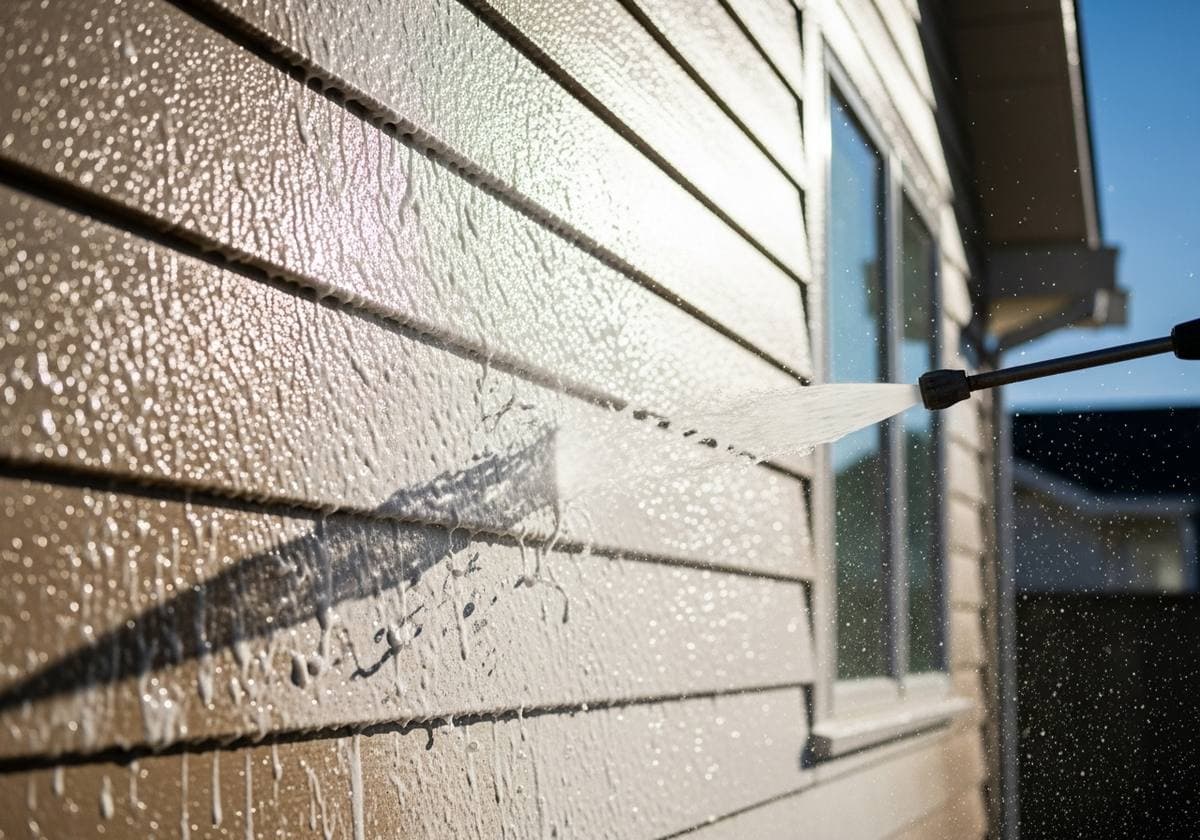 Close-up of a soft wash spray in use